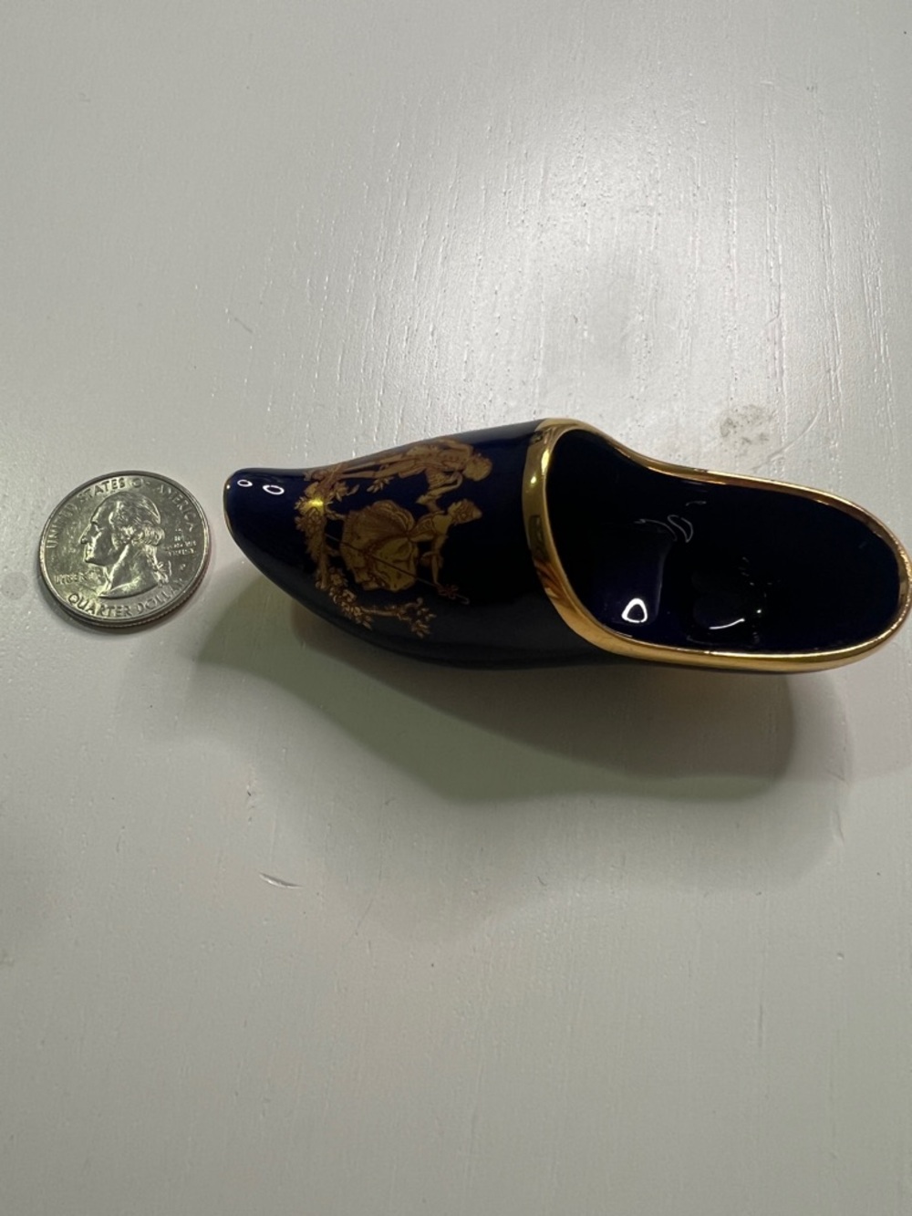 Limoges Ceramic Mini Shoe Trinket Dish in Deep Navy with Gold Accents